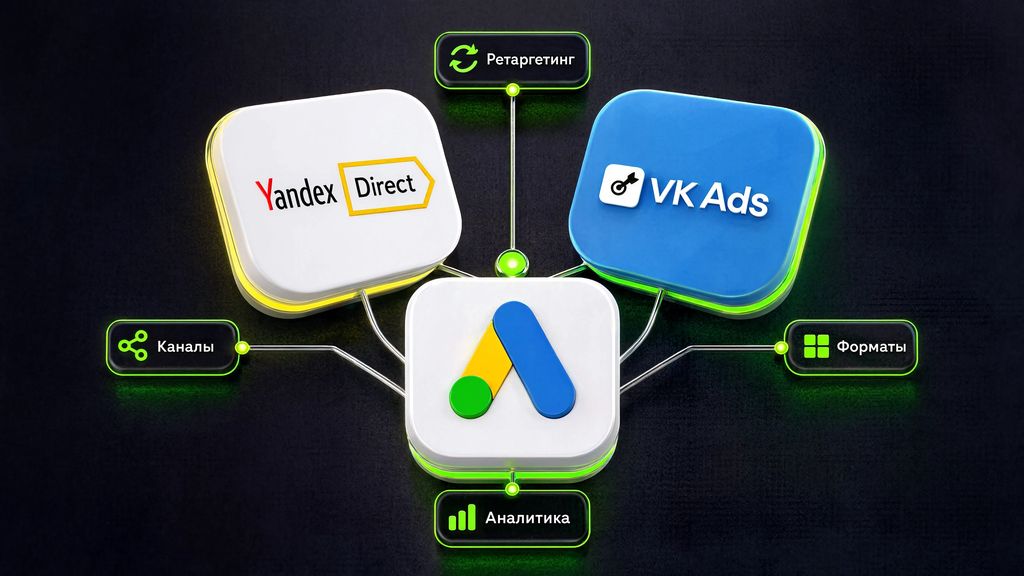 Сравнение инструментов ретаргетинга: Яндекс Директ, VK Реклама и Google Ads по типам ретаргетинга, каналам показа, форматам и интеграции с аналитикой.