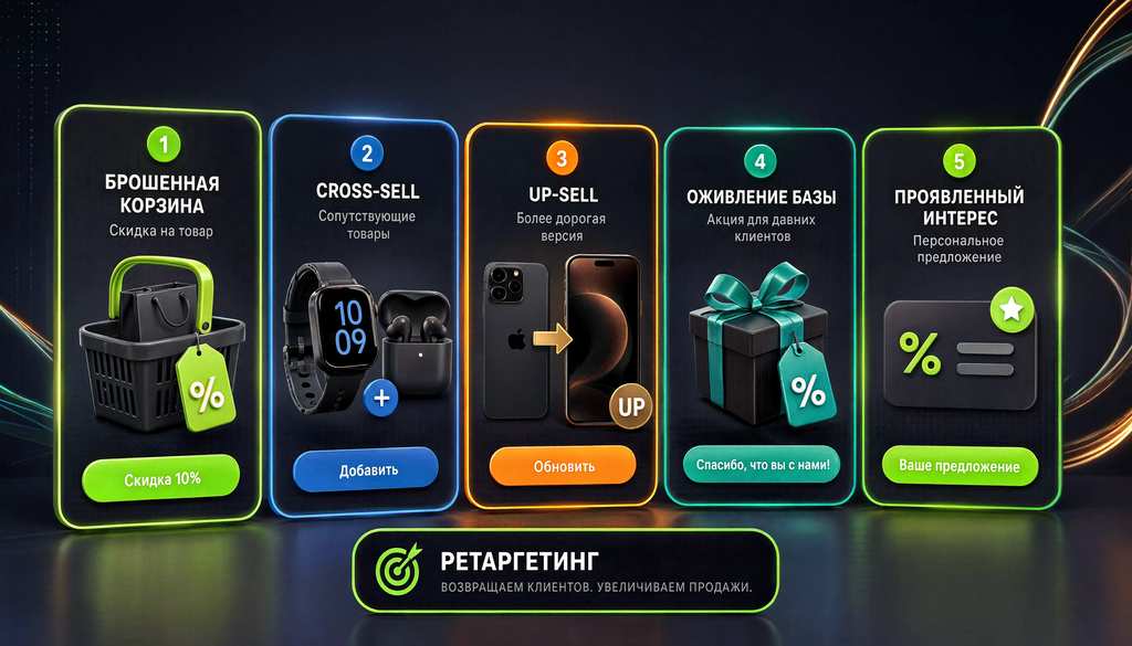 Инфографика основных сценариев ретаргетинга в виде карточек: брошенная корзина, cross-sell, up-sell, оживление базы, проявленный интерес