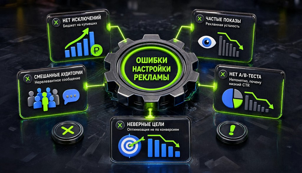 Схема типичных ошибок в рекламных кампаниях: отсутствие исключений, частые показы, смешанные аудитории, отсутствие A/B-тестов, неверные цели и их последствия
