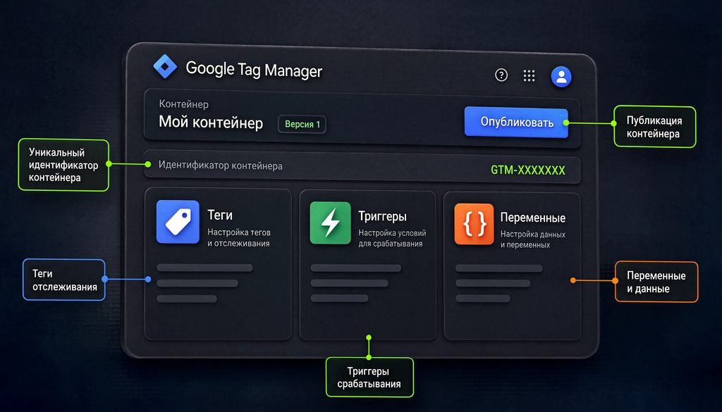 Google Tag Manager workspace after container creation with highlighted zones: container ID, Publish button, Tags, Triggers, Variables. Helps beginners navigate the interface.