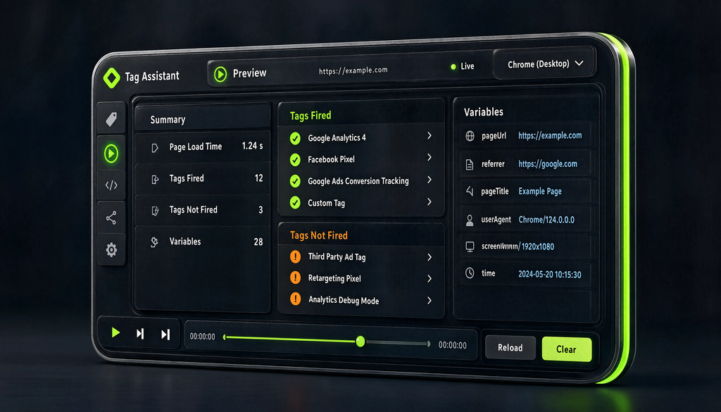 Режим Preview в GTM с Tag Assistant: разделы Summary, Tags Fired, Tags Not Fired и Variables - отладка тегов