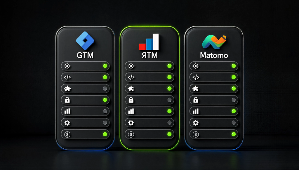 Сравнительная таблица GTM, ЯТМ и Matomo по 7 критериям в трех колонках