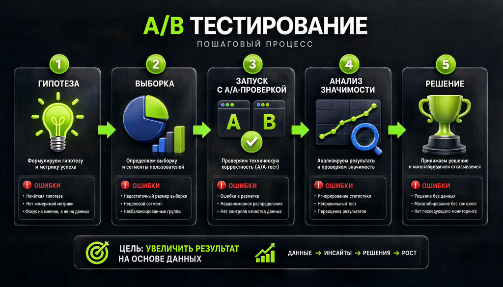 Схема процесса A/B тестирования с этапами и типичными ошибками
