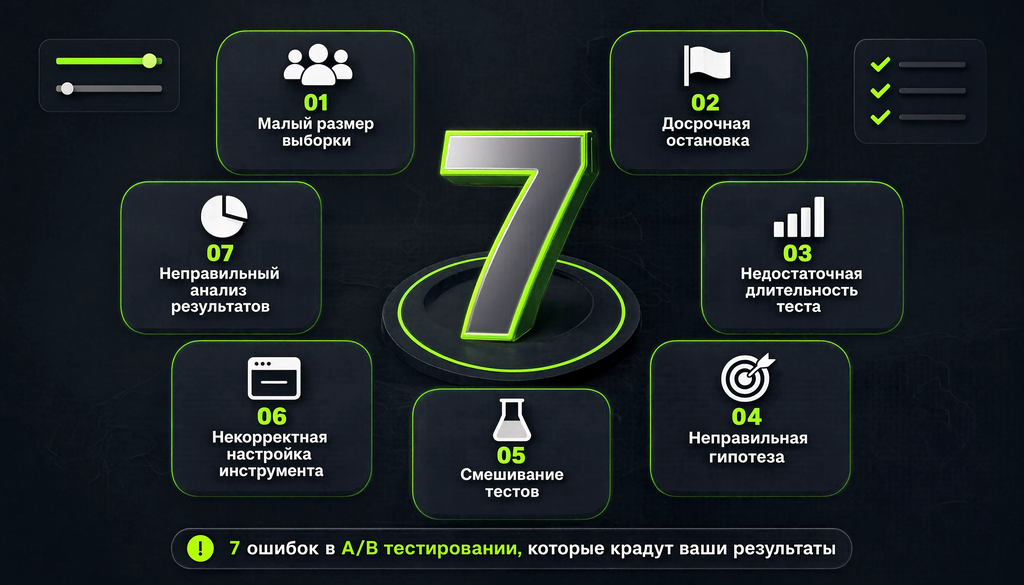 Инфографика с чек-листом 7 типичных ошибок A/B тестирования для самопроверки перед запуском и при анализе результатов