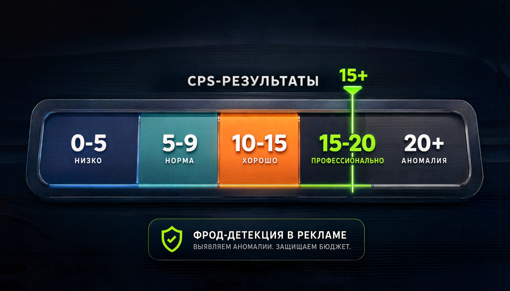 CPS score scale from 0 to 30+ with color zones: normal, good, professional, anomaly, used for fraud detection in advertising