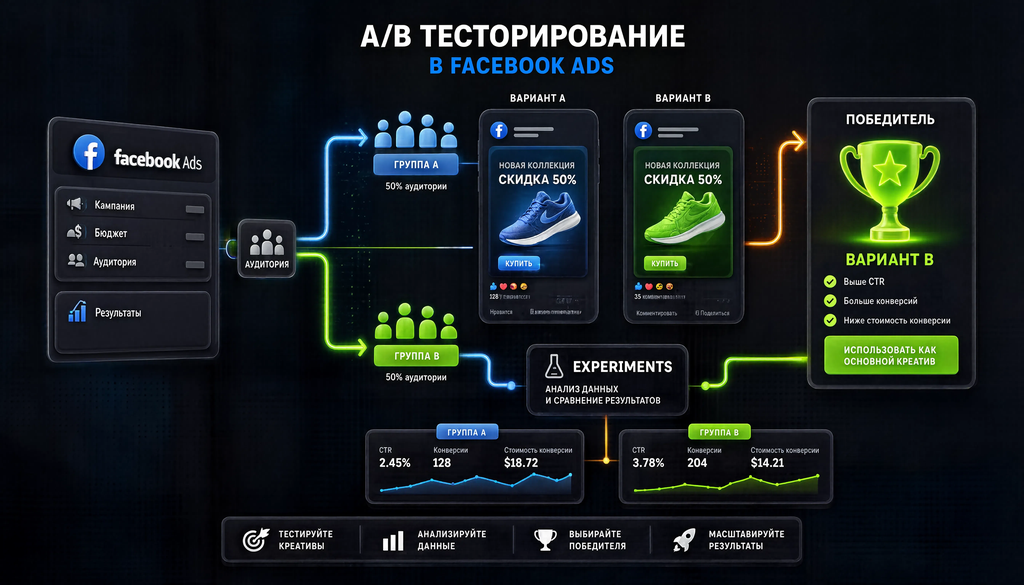 Инфографика схемы A/B тестирования в Facebook Ads: разделение пользователей на две группы с разными креативами, анализ в Experiments и определение победителя.