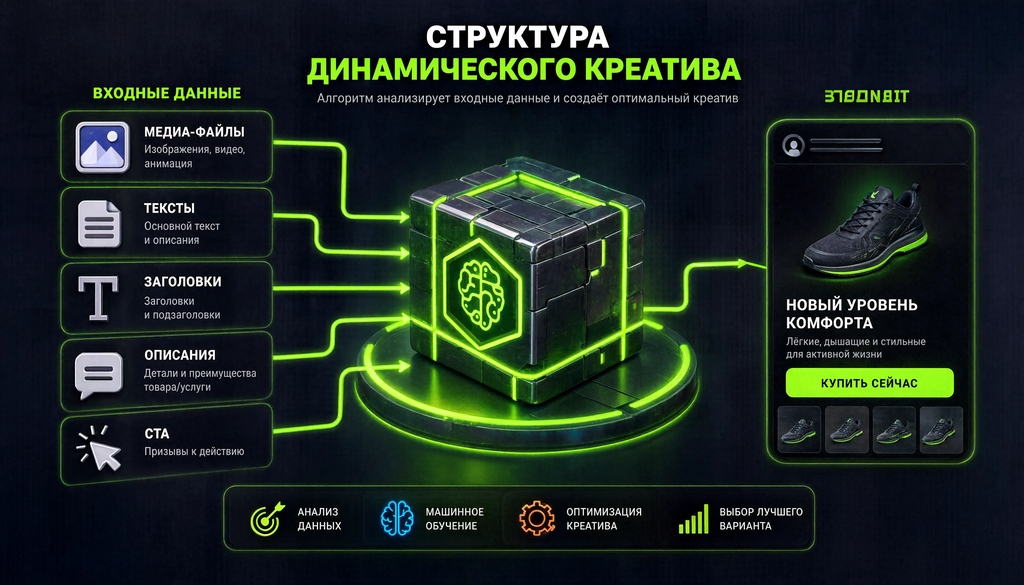 Схема структуры динамического креатива Facebook: из набора медиа, текстов, заголовков и CTA алгоритм формирует персонализированные комбинации объявлений.