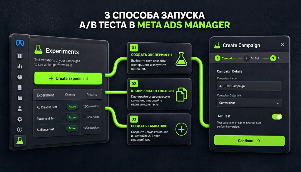 Схема трех путей создания A/B теста в Meta Ads Manager: через панель инструментов, раздел Experiments и при создании новой кампании