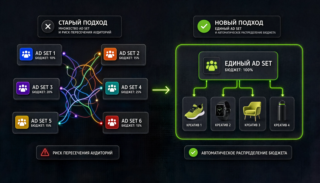 Сравнение старого подхода с множеством Ad Set и ручным разделением бюджета и нового подхода с одним Ad Set и автоматическим распределением средств между креативами
