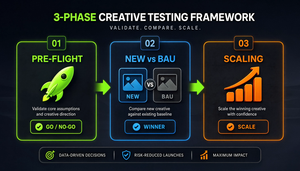Diagram of a 3-phase creative testing framework: Pre-Flight, New vs BAU, Scaling, with arrows showing sequence.