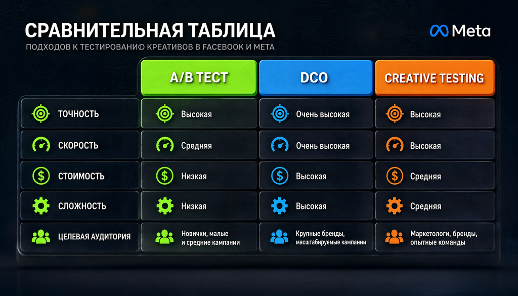 Сравнительная таблица методов тестирования креативов в Facebook и Meta: A/B тест, DCO и Creative Testing по параметрам точность, скорость, стоимость, сложность, целевая аудитория