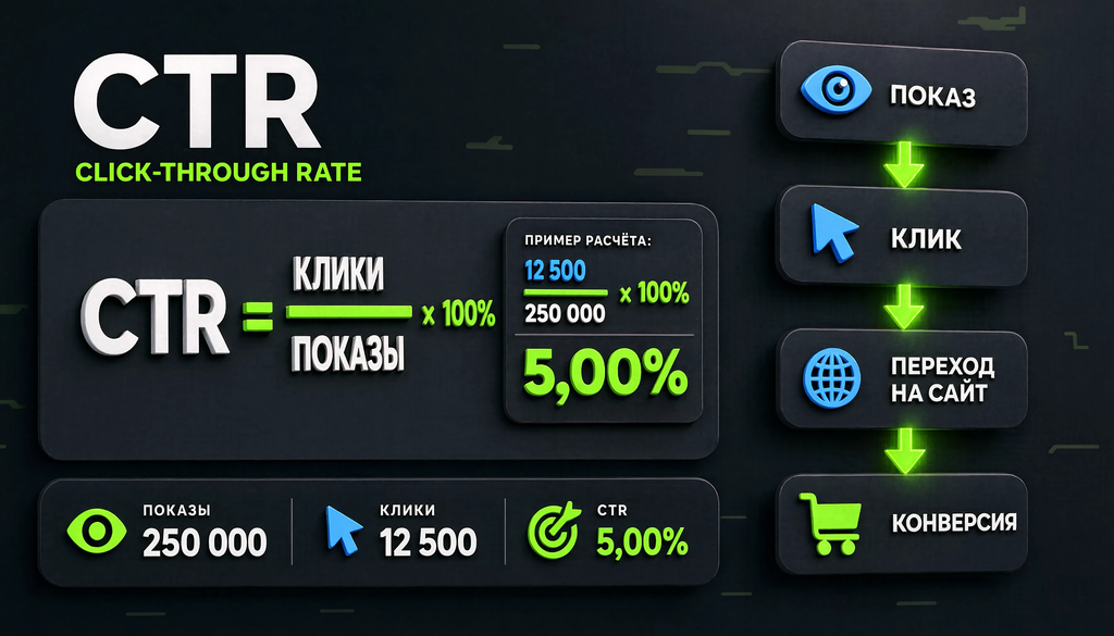 Инфографика формулы CTR с примером расчета и визуальной цепочкой показ-клик-переход-конверсия