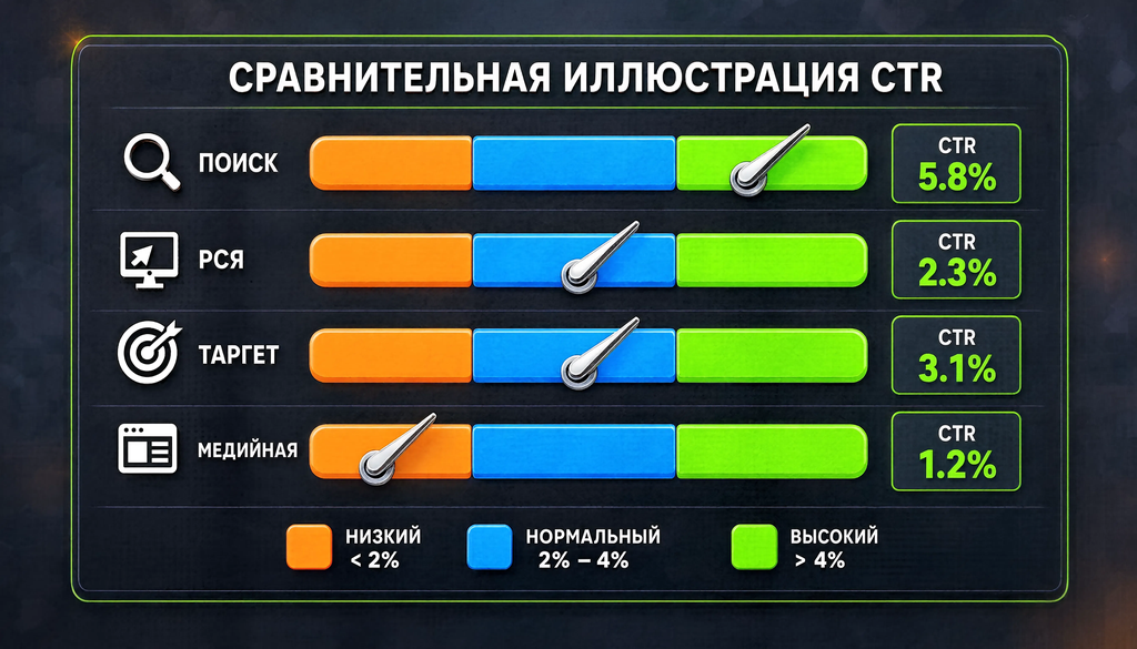 Сравнительная шкала CTR для каналов поиска, РСЯ, таргета и медийной рекламы с зонами низкого, нормального и высокого показателя