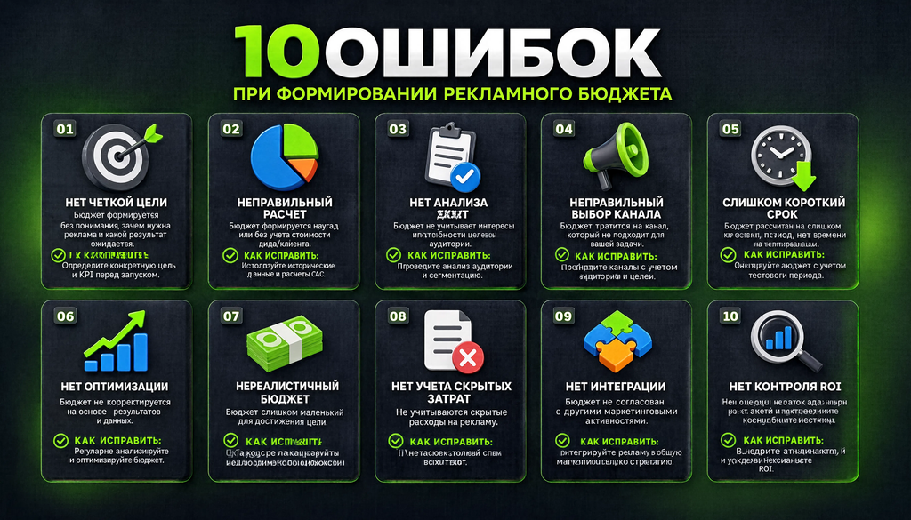 Инфографика: 10 типичных ошибок при формировании рекламного бюджета с описанием и способами исправления, карточки с иконками