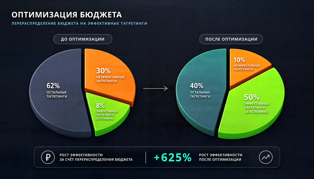 Infographic showing pie charts of budget distribution for effective vs ineffective targeting, with 8% conditions yielding results and 30% budget wasted, comparing before and after optimization.
