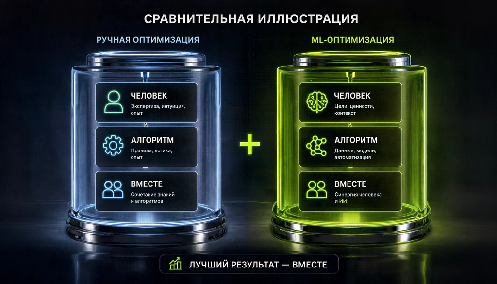 Сравнение ручной оптимизации и ML-оптимизации: какие задачи лучше решать человеку, алгоритму или вместе.