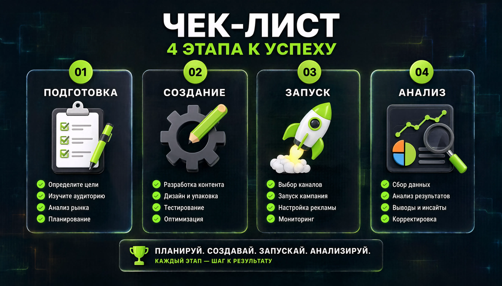 Инфографика чек-лист: 4 этапа запуска кампании - подготовка, создание, запуск, анализ