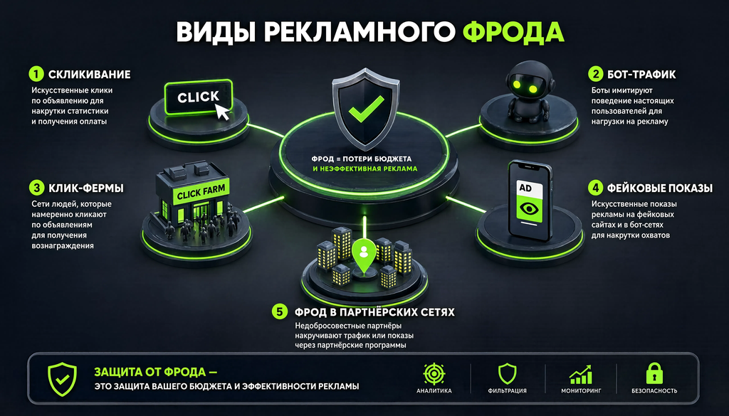 Инфографика схемы видов рекламного фрода: скликивание, бот-трафик, клик-фермы, фейковые показы, фрод в партнёрских сетях