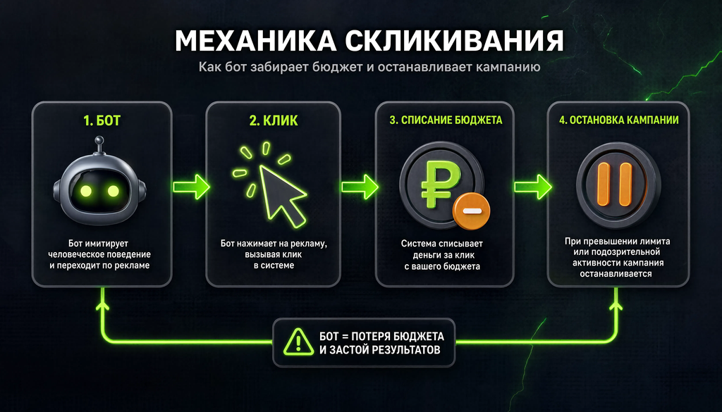 Схема механики скликивания: от клика бота до списания бюджета и остановки кампании