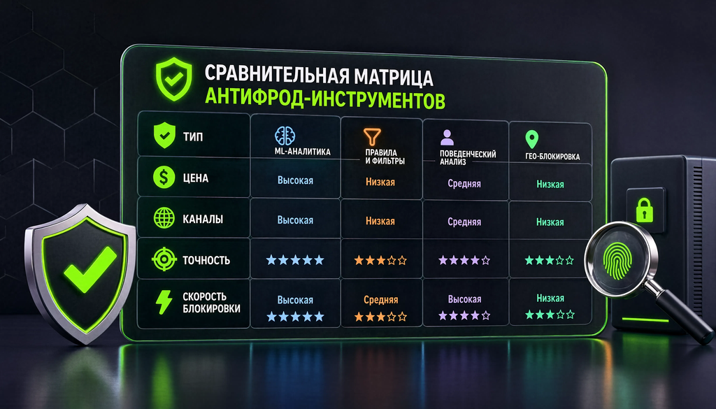 Сравнительная матрица антифрод-инструментов по типу, цене, каналам, точности и скорости блокировки