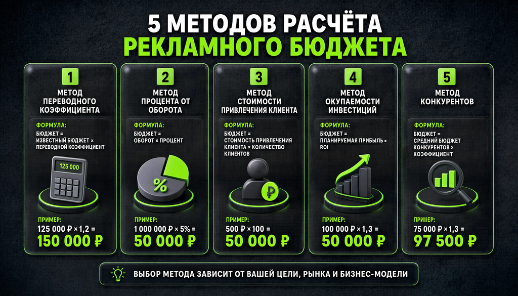Infographic illustrating five methods of calculating advertising budget with formulas and examples