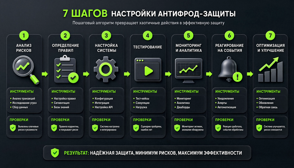 Пошаговая блок-схема настройки антифрод-защиты из 7 шагов с инструментами и точками проверки, превращающая хаотичные действия в алгоритм