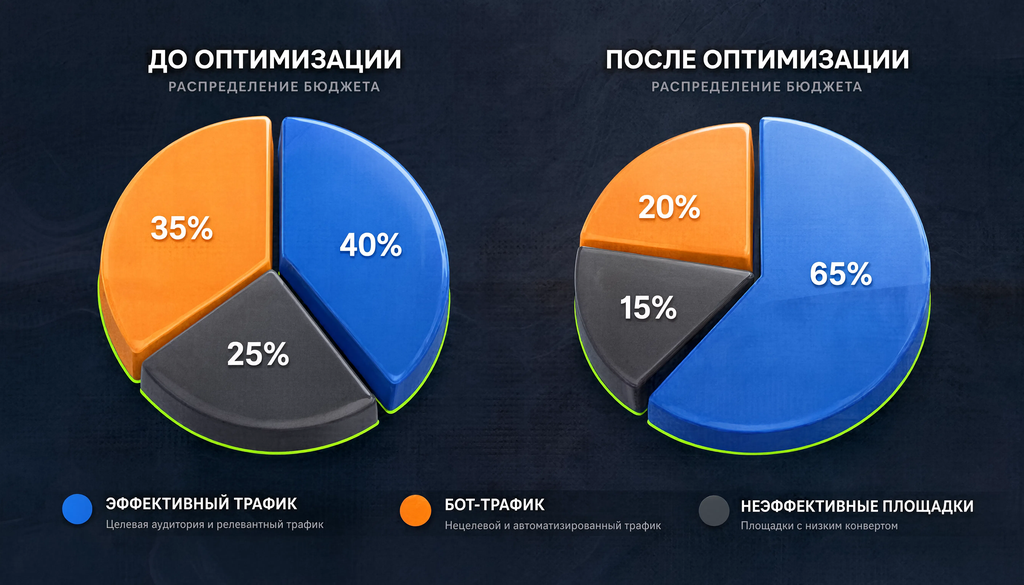 Круговая диаграмма распределения бюджета до и после оптимизации: доли эффективного трафика, бот-трафика и неэффективных площадок