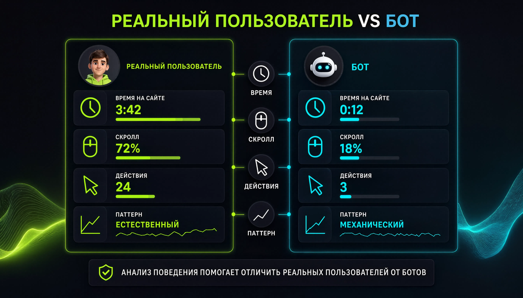 Сравнение поведения реального пользователя и бота на сайте: время, скролл, действия, паттерн.