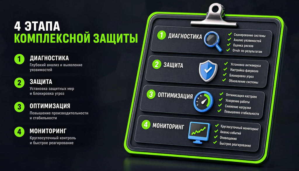 Инфографика чек-лист аудита: 4 этапа (диагностика, защита, оптимизация, мониторинг)