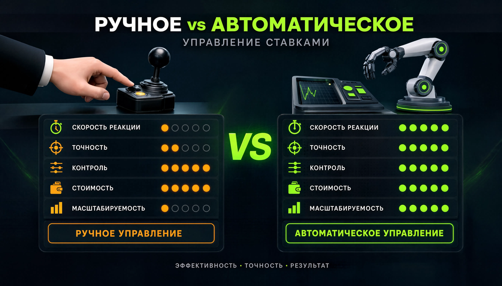 Сравнение ручного и автоматического управления ставками по критериям: скорость реакции, точность, контроль, стоимость, масштабируемость. Две колонки с оценками помогают выбрать подход под свою ситуацию.