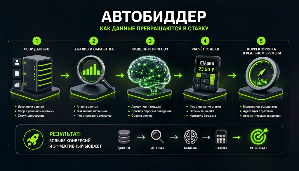 Схема работы автобиддера: от сбора данных до корректировки ставки в реальном времени. 5 этапов со стрелками показывают логику процесса.