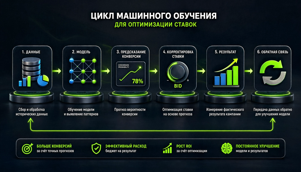 Цикл машинного обучения в оптимизации ставок: данные, модель, предсказание конверсии, корректировка ставки, результат, обратная связь