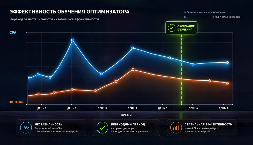 График изменения CPA и количества конверсий при обучении оптимизатора: нестабильность в первые 7 дней, затем стабилизация и улучшение после окончания обучения