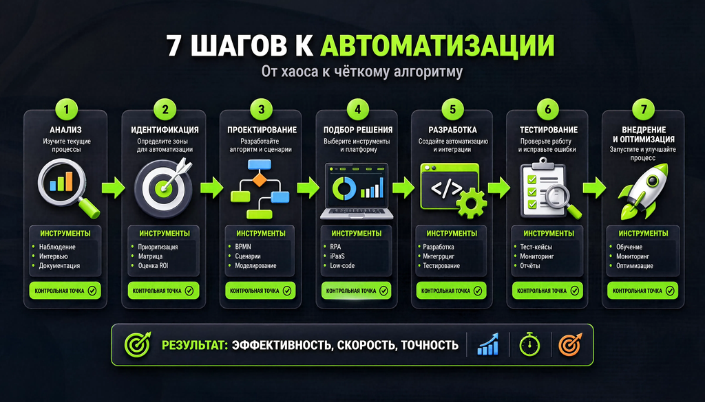 Пошаговый процесс внедрения автоматизации: блок-схема из 7 шагов с инструментами и проверками, превращающая хаотичные действия в алгоритм