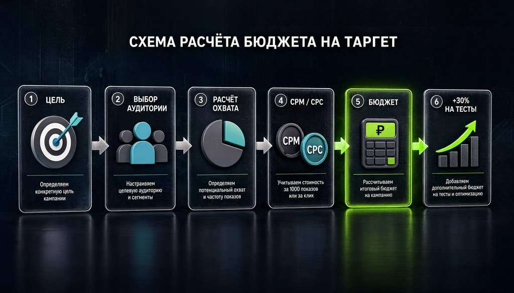 Схема расчета бюджета на таргет: цель, аудитория, охват, CPM/CPC, бюджет, +30% на тесты