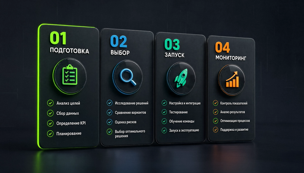 Инфографика: чек-лист из 4 этапов автоматизации — подготовка, выбор, запуск, мониторинг
