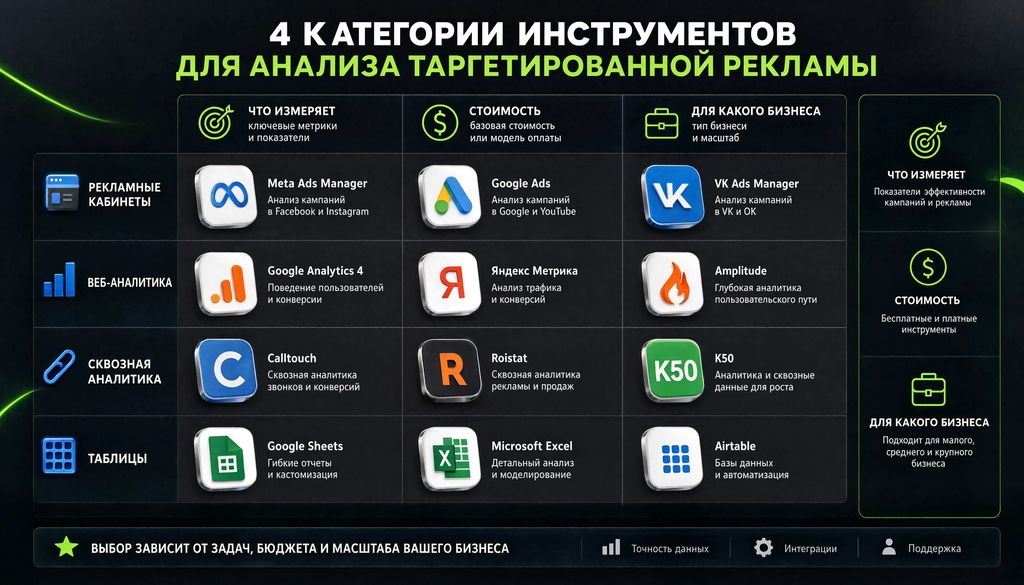 Матрица инструментов для анализа таргетированной рекламы: 4 категории (рекламные кабинеты, веб-аналитика, сквозная аналитика, таблицы), по 2–3 сервиса в каждой, с критериями выбора — что измеряет, сколько стоит, для какого бизнеса подходит. Помогает выбрать подходящий набор инструментов под свои задачи и бюджет.