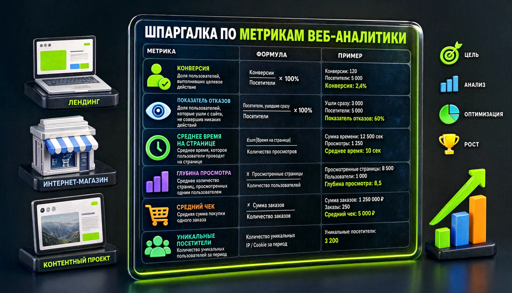 Шпаргалка по метрикам веб-аналитики: таблица с определениями, формулами и примерами для лендинга, интернет-магазина и контентного проекта