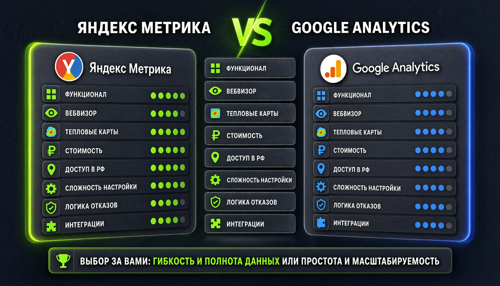 Сравнение Яндекс Метрики и Google Analytics по 8 критериям: функционал, вебвизор, тепловые карты, стоимость, доступ в РФ, сложность настройки, логика отказов, интеграции.