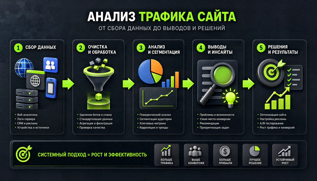 Алгоритм анализа трафика сайта: 5 последовательных шагов от сбора данных до выводов и решений