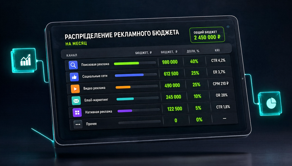 Пример таблицы распределения рекламного бюджета на месяц по каналам, суммам, долям и KPI