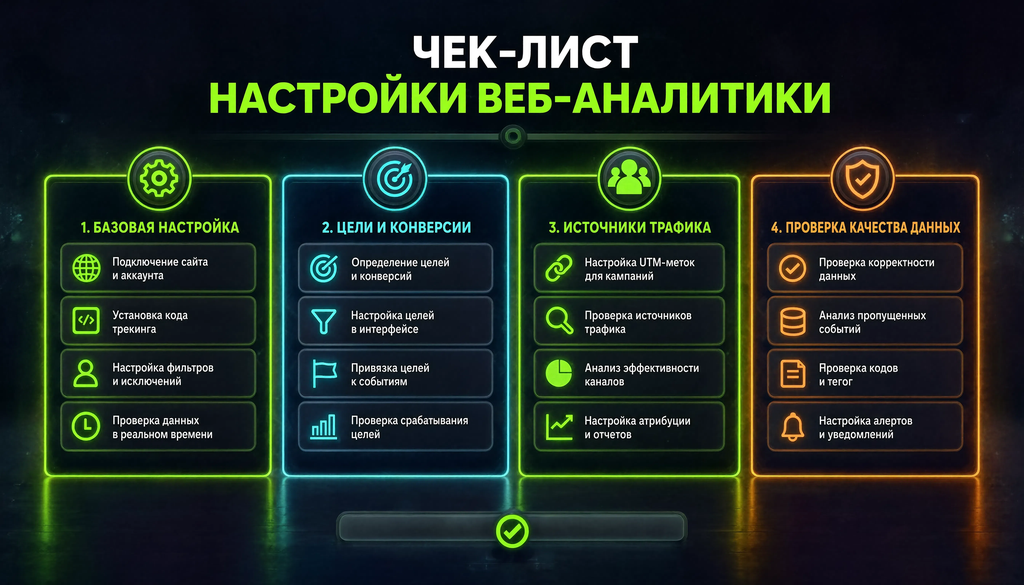 Инфографика: чек-лист настройки веб-аналитики с 4 блоками (базовая настройка, цели и конверсии, источники трафика, проверка качества данных)