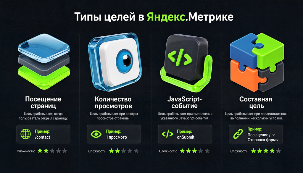 Инфографика типов целей Яндекс.Метрики: посещение страниц, просмотры, JS-событие, составная цель