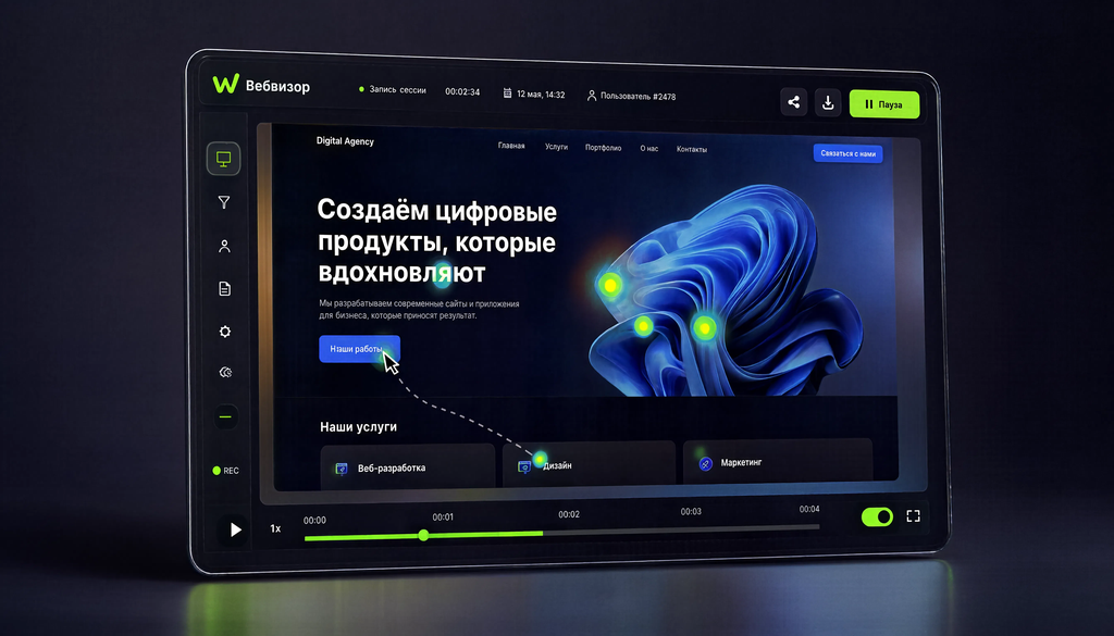 Интерфейс Вебвизора с записью сессии пользователя - движение курсора, клики, прокрутка страницы