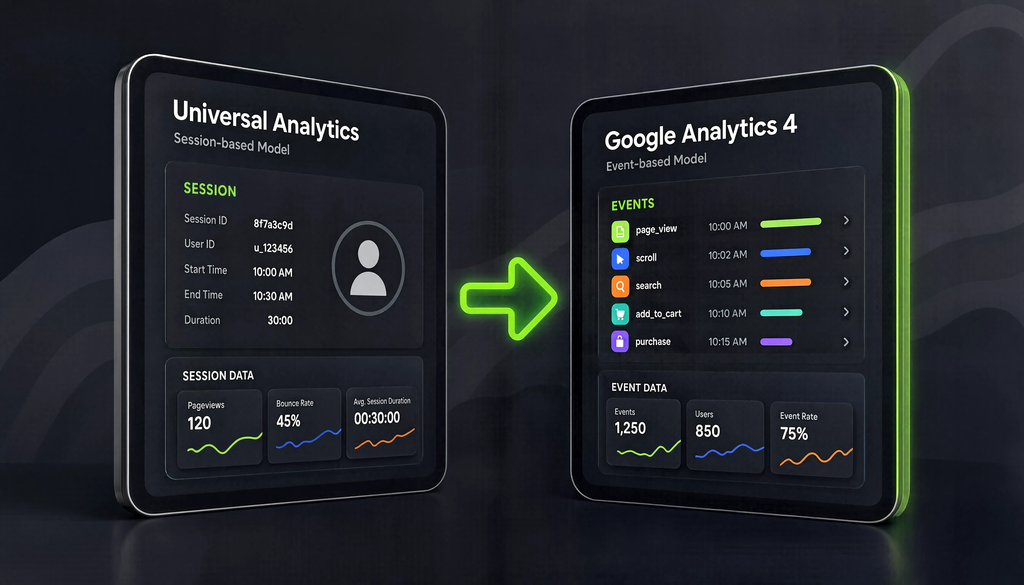 Сравнительная иллюстрация Universal Analytics и GA4: структура данных (сессии против событий), интерфейс и ключевые отличия, показывающая смену подхода к данным.