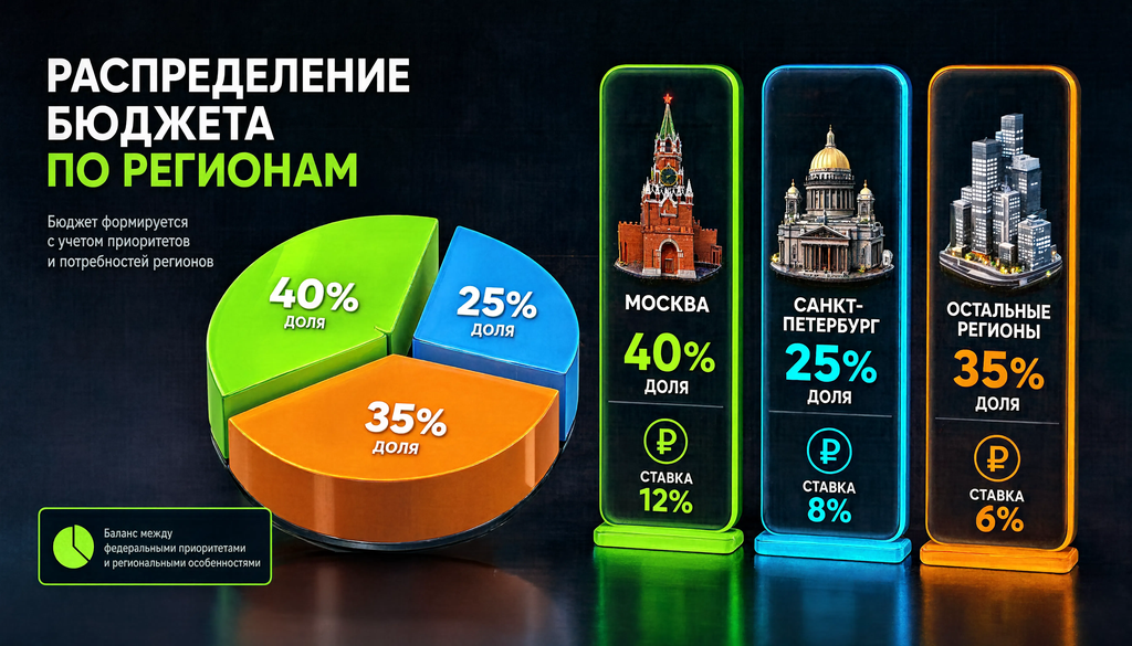 Сравнительная иллюстрация распределения бюджета по регионам: Москва, Санкт-Петербург и другие регионы, с разными ставками и долями.