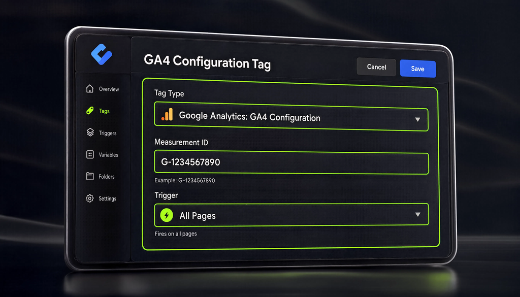 Interface for creating a Google Analytics 4 tag in Google Tag Manager, showing tag type selection, measurement ID field, and All Pages trigger