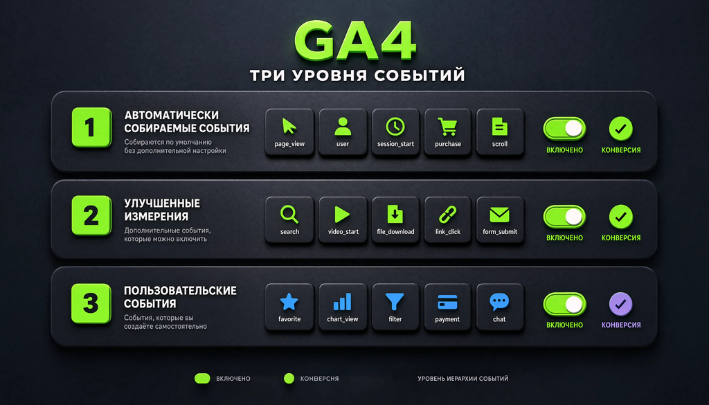 Infographic showing GA4 event hierarchy: automatic, enhanced measurement, and custom events with examples and setup instructions