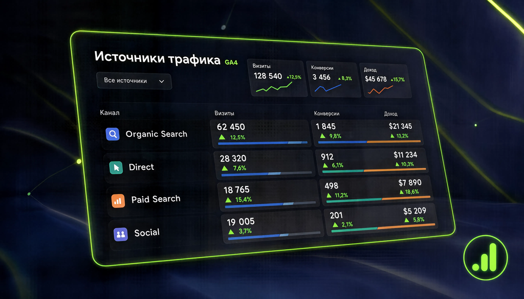 GA4 Traffic Sources Report - Channels Breakdown with Metrics