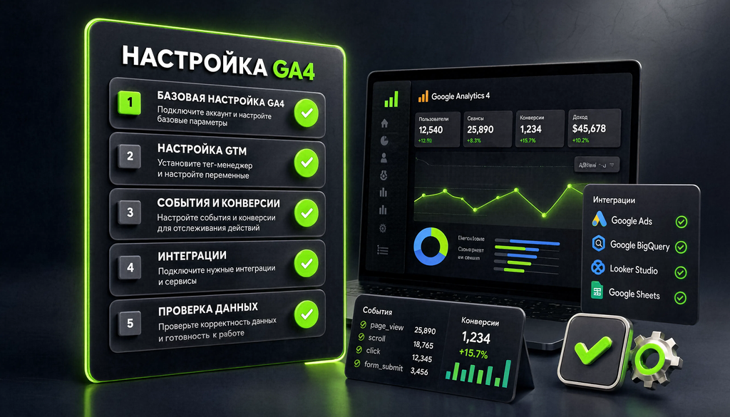Чек-лист проверки настройки GA4 и GTM с пятью блоками: базовая настройка GA4, настройка GTM, события и конверсии, интеграции, проверка данных.